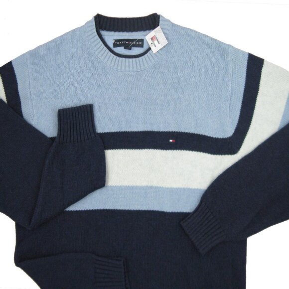 NEW Tommy Hilfiger Lambswool Sweater! S or M  Blue Navy White Stripe  Tommy Flag - Picture 1 of 1